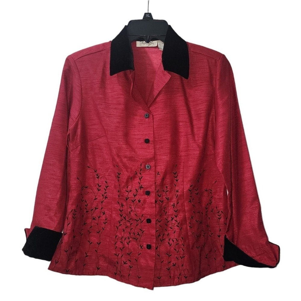 Selene Sport Floral Embroidered Blouse Velvet Trim Button Down Red XL